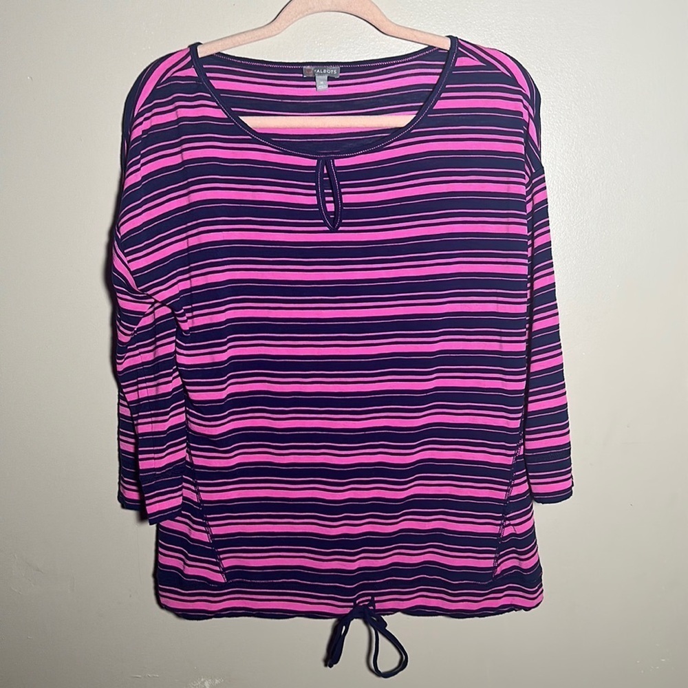 Talbots Pink Navy Striped Waist Tie Top | Medium